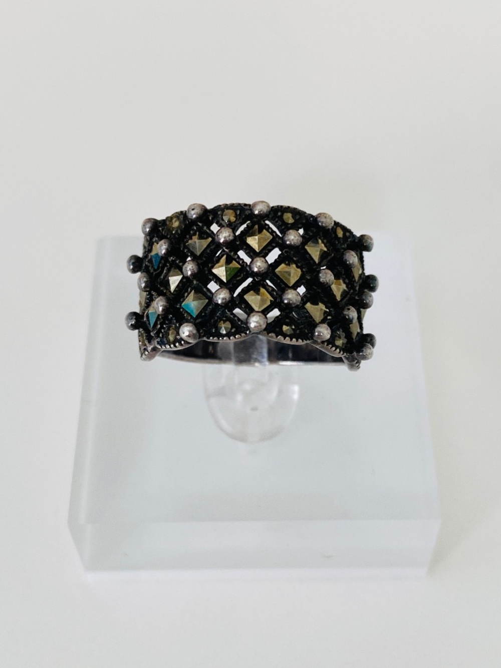 925 Marcasite Wide Lattice Statement Ring Gothic Deco Antique Style Sterling